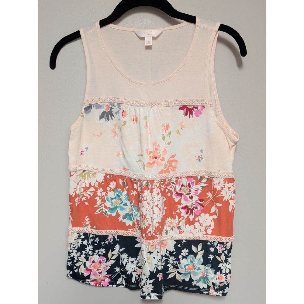 LC Lauren Conrad Peach Multi Floral Tiered Tank